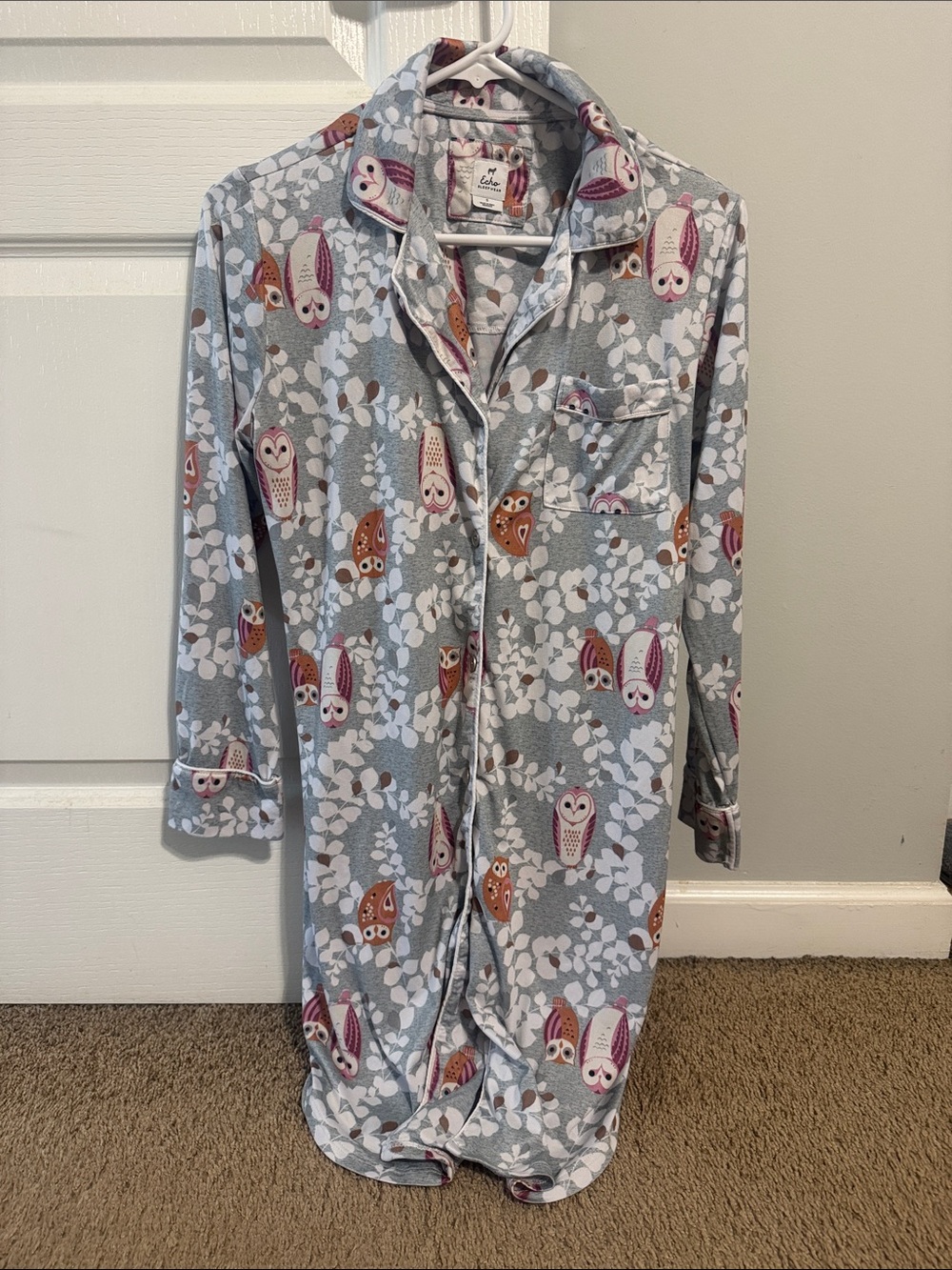 Owl-Print Grey Pajama Nightgown - Cozy Sleepwear